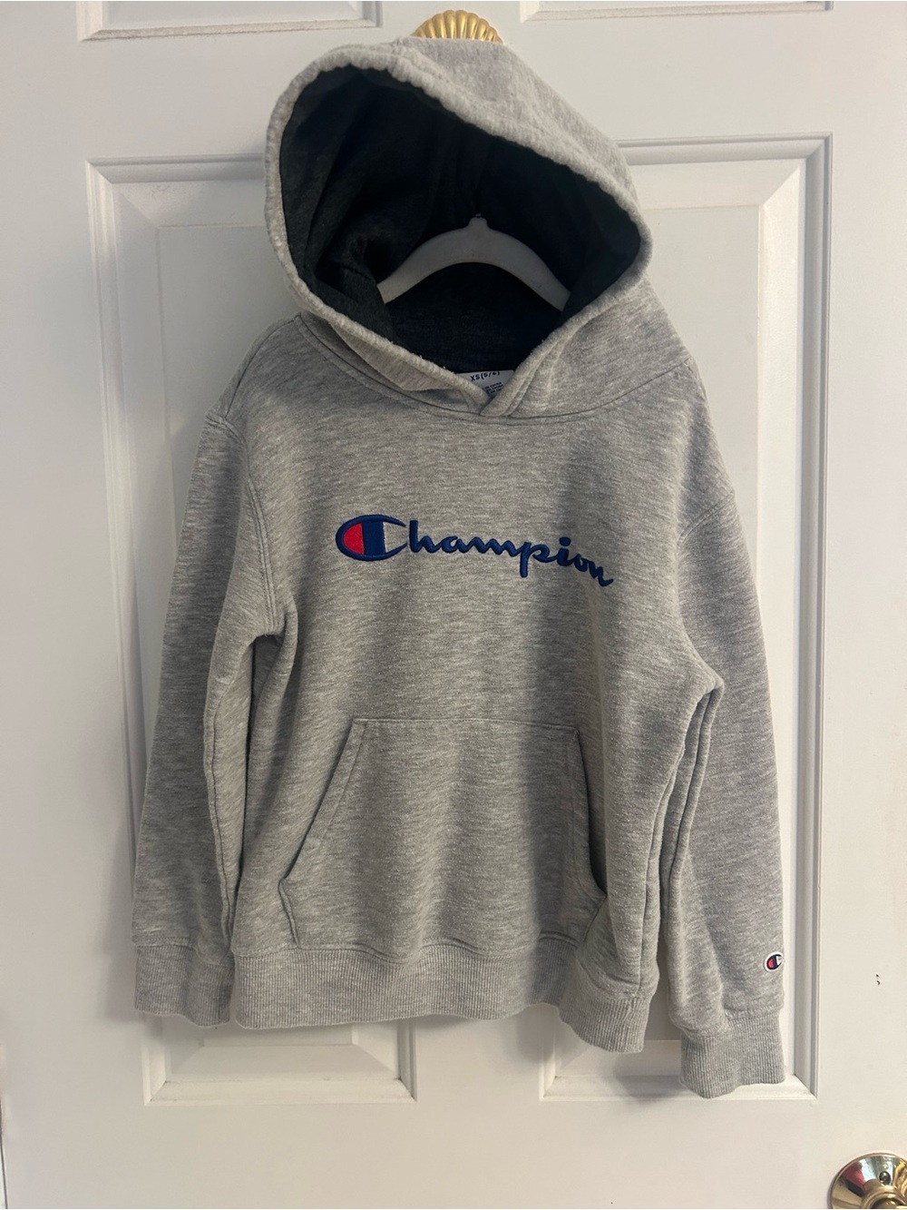 Boys Champion Heather Gray Hoodie with Blue & Red Logo